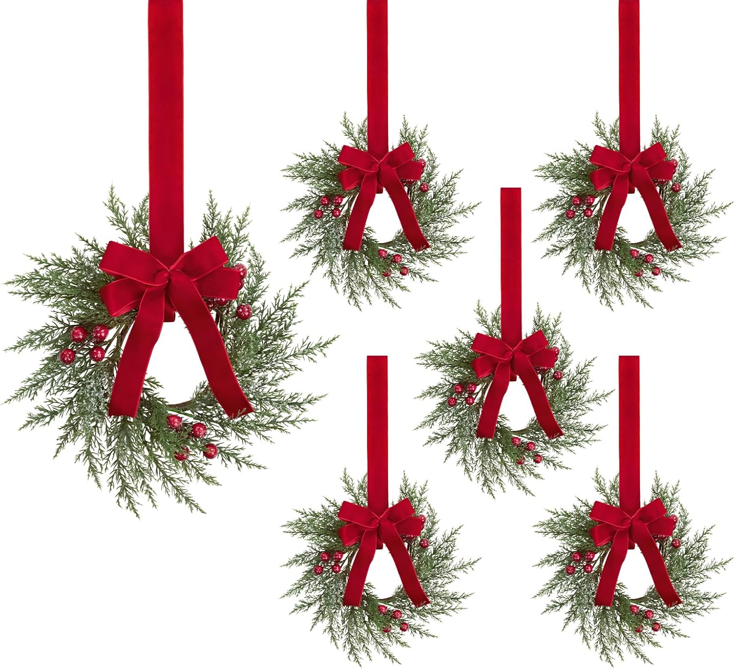 SHACOS 6 Pcs 10" Small Christmas Wreath Christmas Kitchen Cabinet Wreaths Artificial Snowy Pine Wreath for Cabinet Decorations Wreath with Red Berries and Ribbon Bow for Xmas Window Wall Chair Decor Green and Red Berries 6 Pcs