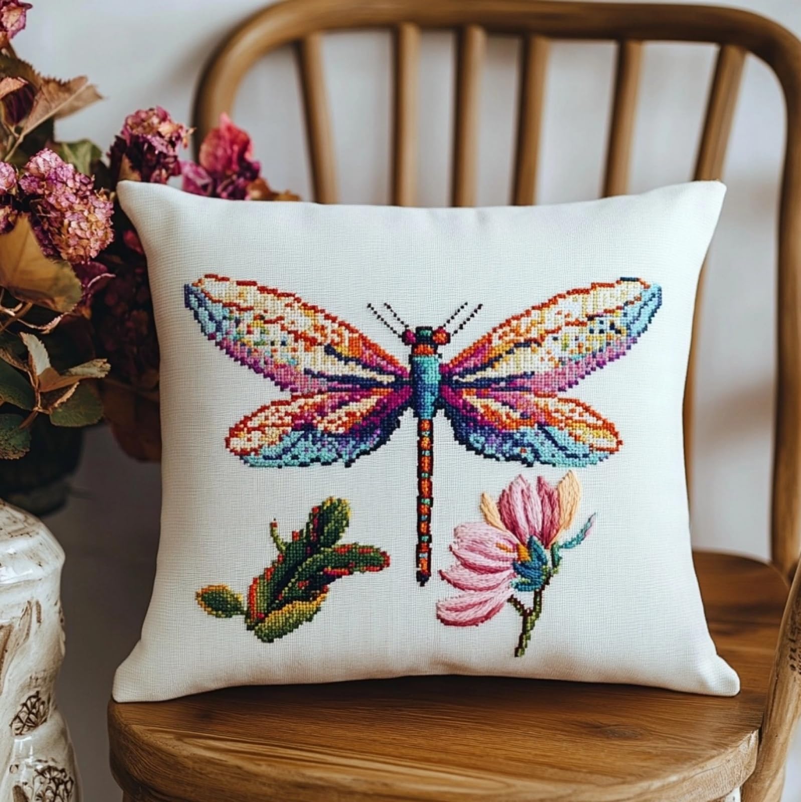 WallustrioaW Cross Stitch Throw Pillow Cushion Kit,Flowers and Dragonflies Needlepoint Craft Set 18x18in Cushion Kit pre Printed Handmade Cushion Cover