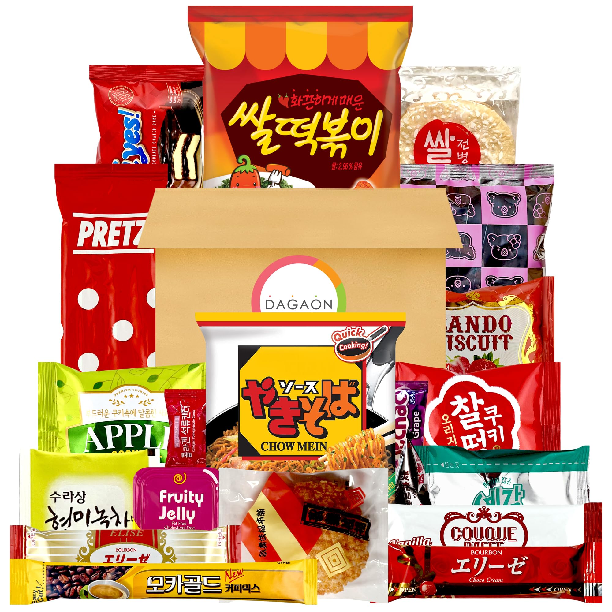 Dagaon Korean Japanese Snack Box 20 Count - Collection of Snacks Including Ramen, Biscuits, Cookies, Pies, Crackers, Chips, Candies and Much More from Japan and Korea. Dagashi Assortments Set.