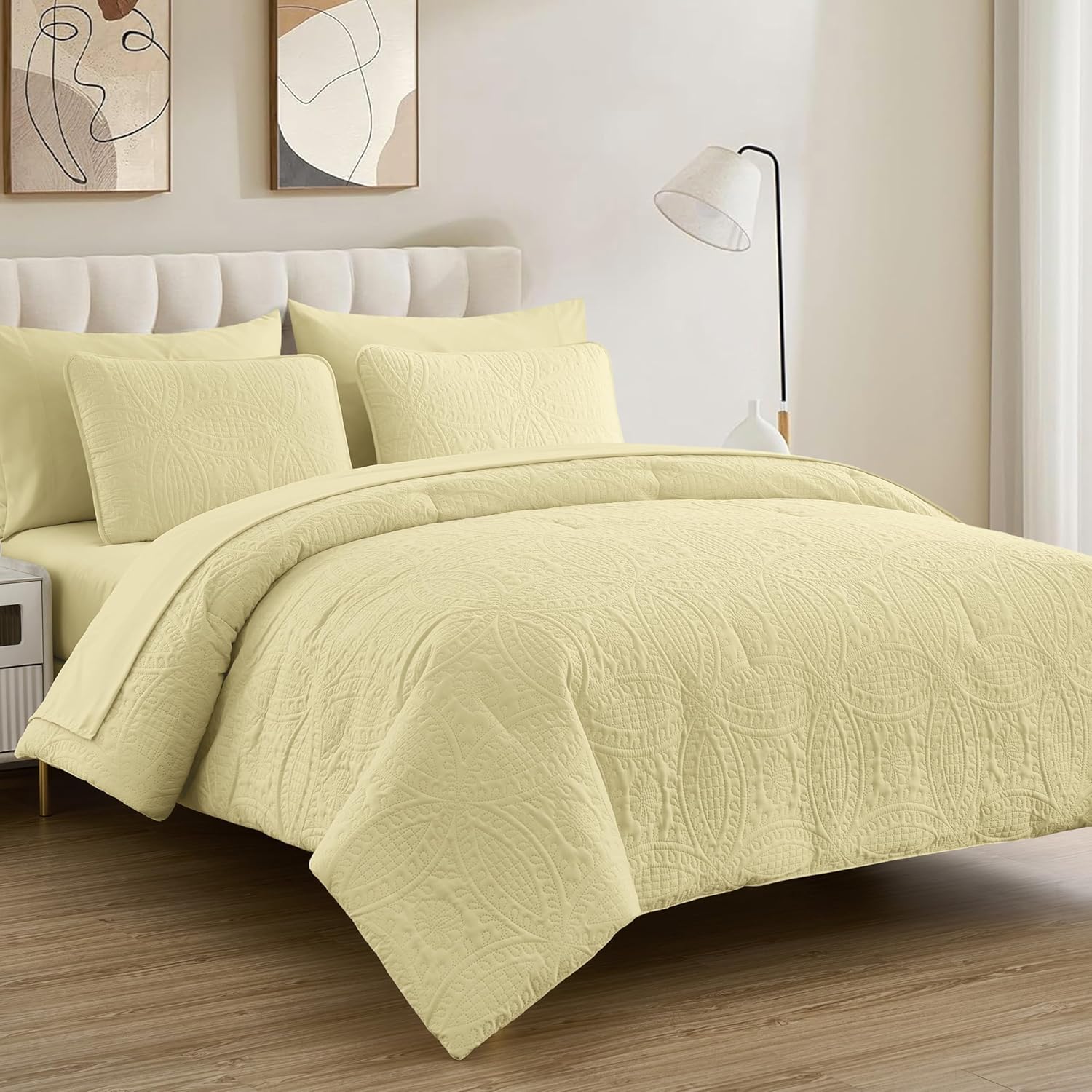 Chezmoi Collection Liam Pastel Yellow King Size Bed in a Bag Comforter Set - 7 Pieces Coin Pattern Lightweight Comforter with Bed Sheets, Pillowcases & Shams Bedding Set for All Seasons - Image 2