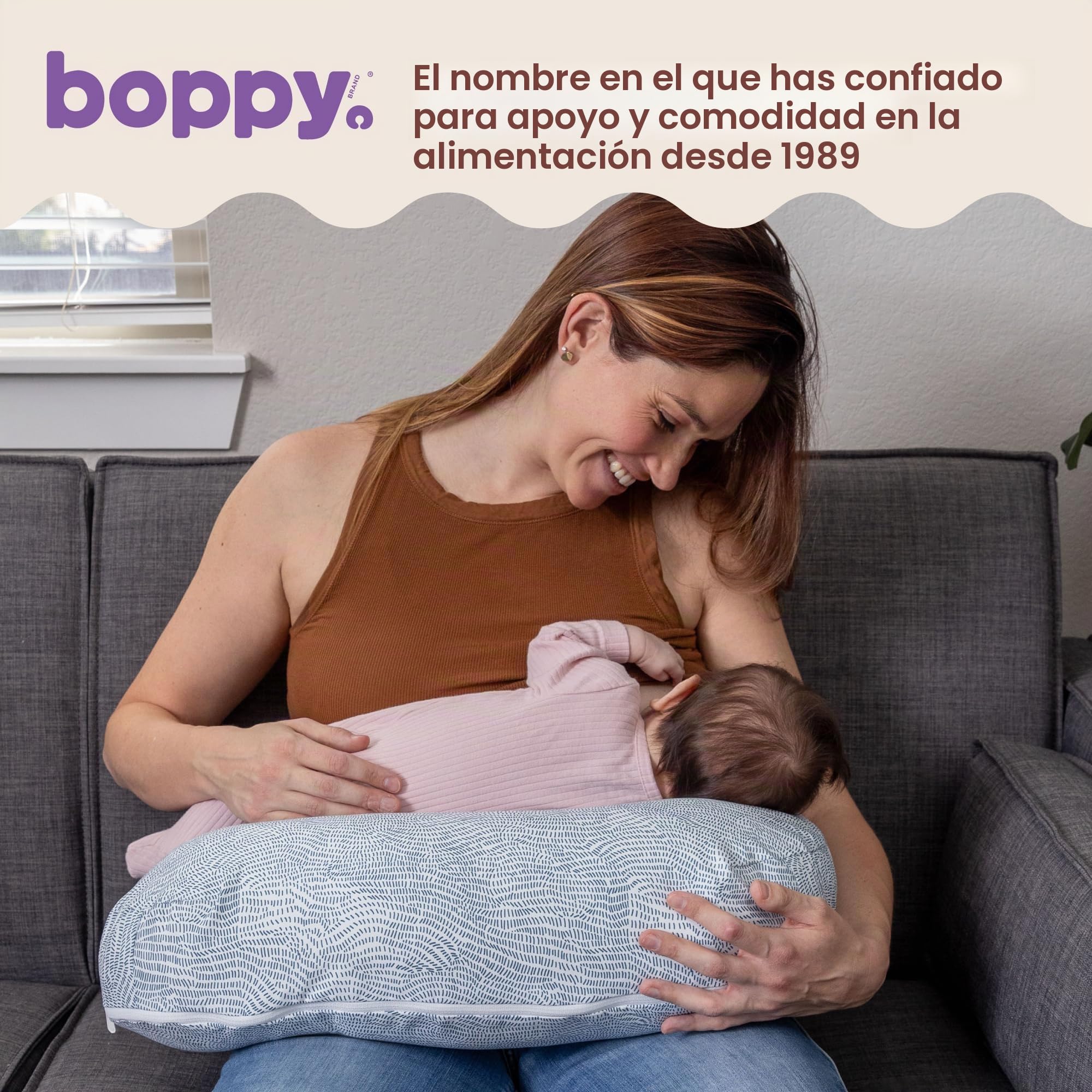 Boppy Almohada de lactancia, almohada verificada y segura con relleno más suave para un apoyo cómodo, funda para lavar y secar a máquina, materiales no tóxicos, corriente moteada azul