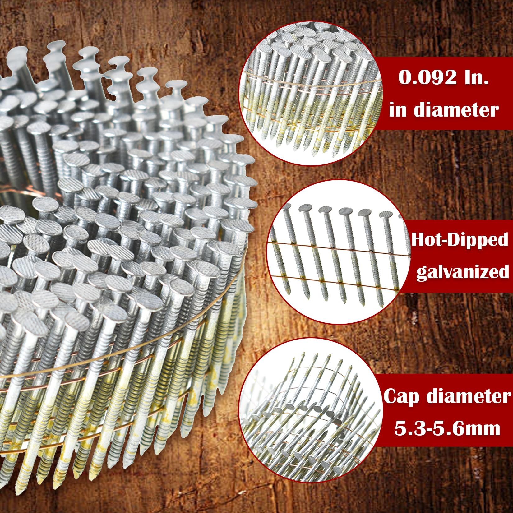 Kimllier 1200 Count Coil Siding Nail Full Round Head Wire Collated Coil 15- Degree 1-3/4-Inch X .090-Inch Ring Shank 304 Stainless Steel Siding Nails.Adapted To Gun Type CN55/CN57