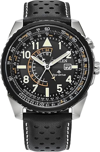 Citizen Mens Eco-Drive Promaster Air Nighthawk Watch, Black Leather Strap, Black Dial, Dual Time Model BJ7137-07E