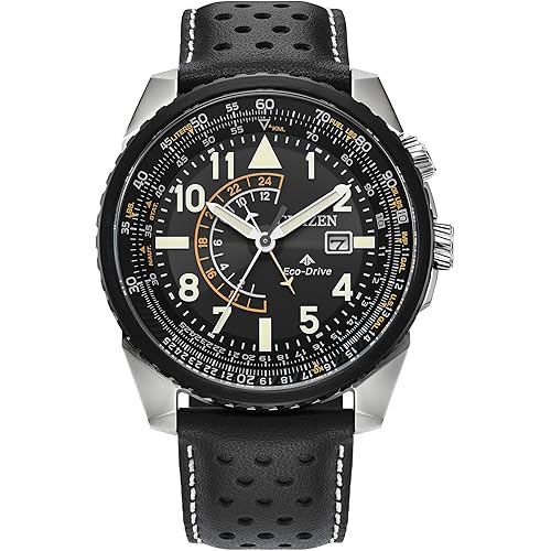 Citizen Men's Eco-Drive Promaster Air Nighthawk Watch, Black Leather Strap, Black Dial, Dual Time (Model: BJ7137-07E)