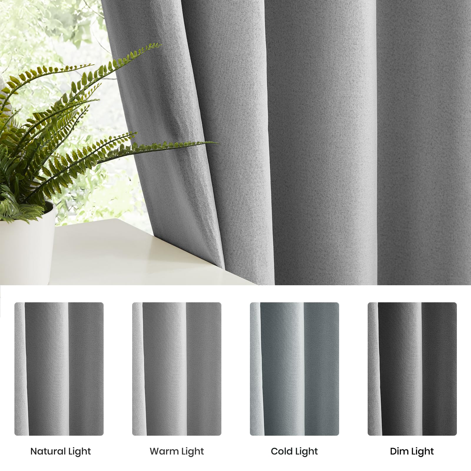 Melodieux Rideaux 100 % occultants – Rideaux à isolation thermique texturée en lin avec revers noir à 3 couches et œillets de 4,1 cm, 132 x 160 cm pour chambre/salon (gris, 2 panneaux)