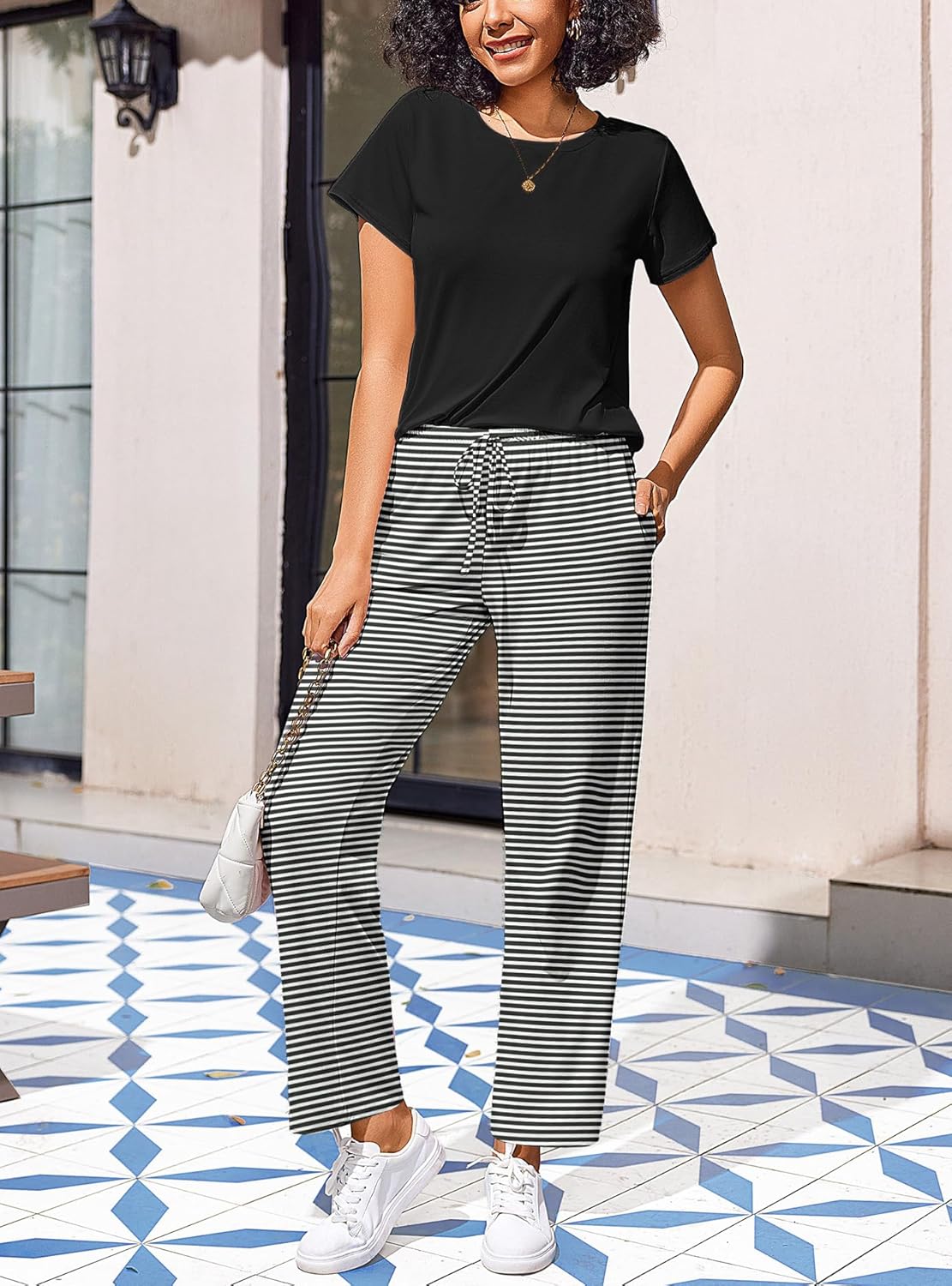 Ekouaer Pajama Sets for Women Round Neck Pjs Short Sleeve Sleepwear with Long Pants Loose Lounge Sets - Image 3