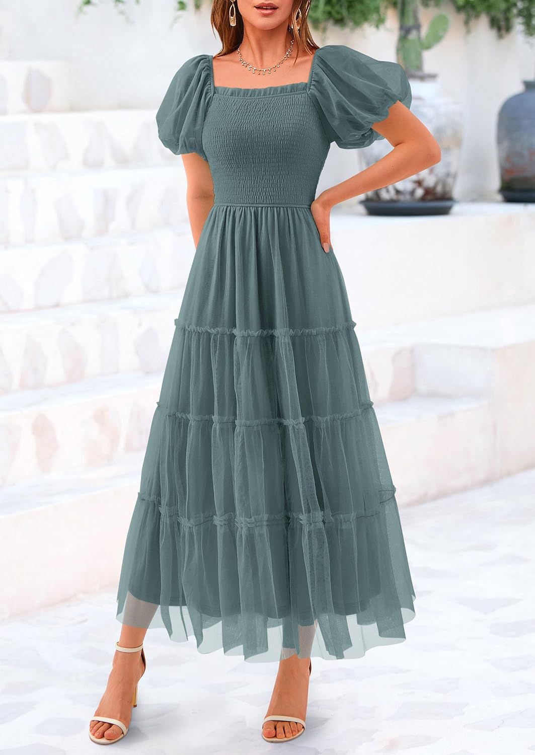 PRETTYGARDEN Women's Smocked Midi Tulle Dress 2026 Summer Puffy Short Sleeve Square Neck Ruffle Wedding Guest Party Dresses - Image 6