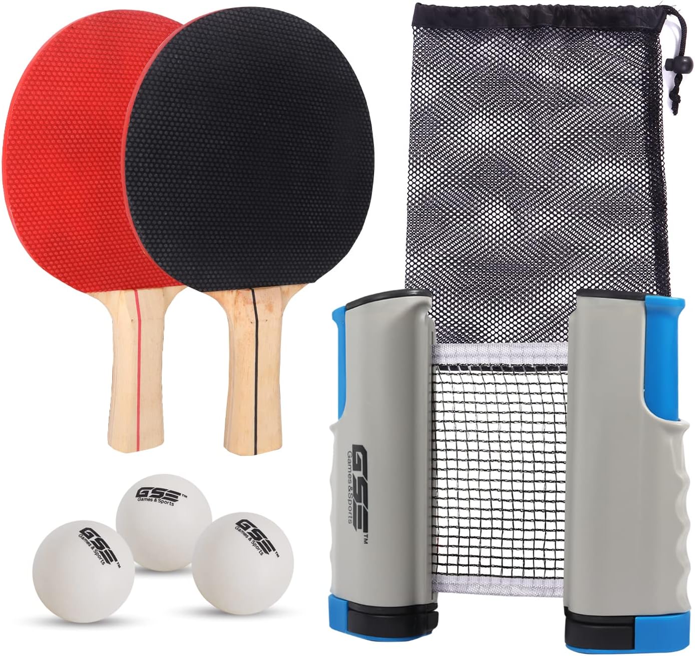 GSE Adjustable Retractable Ping Pong Net Set & Post. Professional Table Tennis Rackets and Balls, Net with Posts and Storage Bag - Pingpong Paddle and Game Table Accessories.
