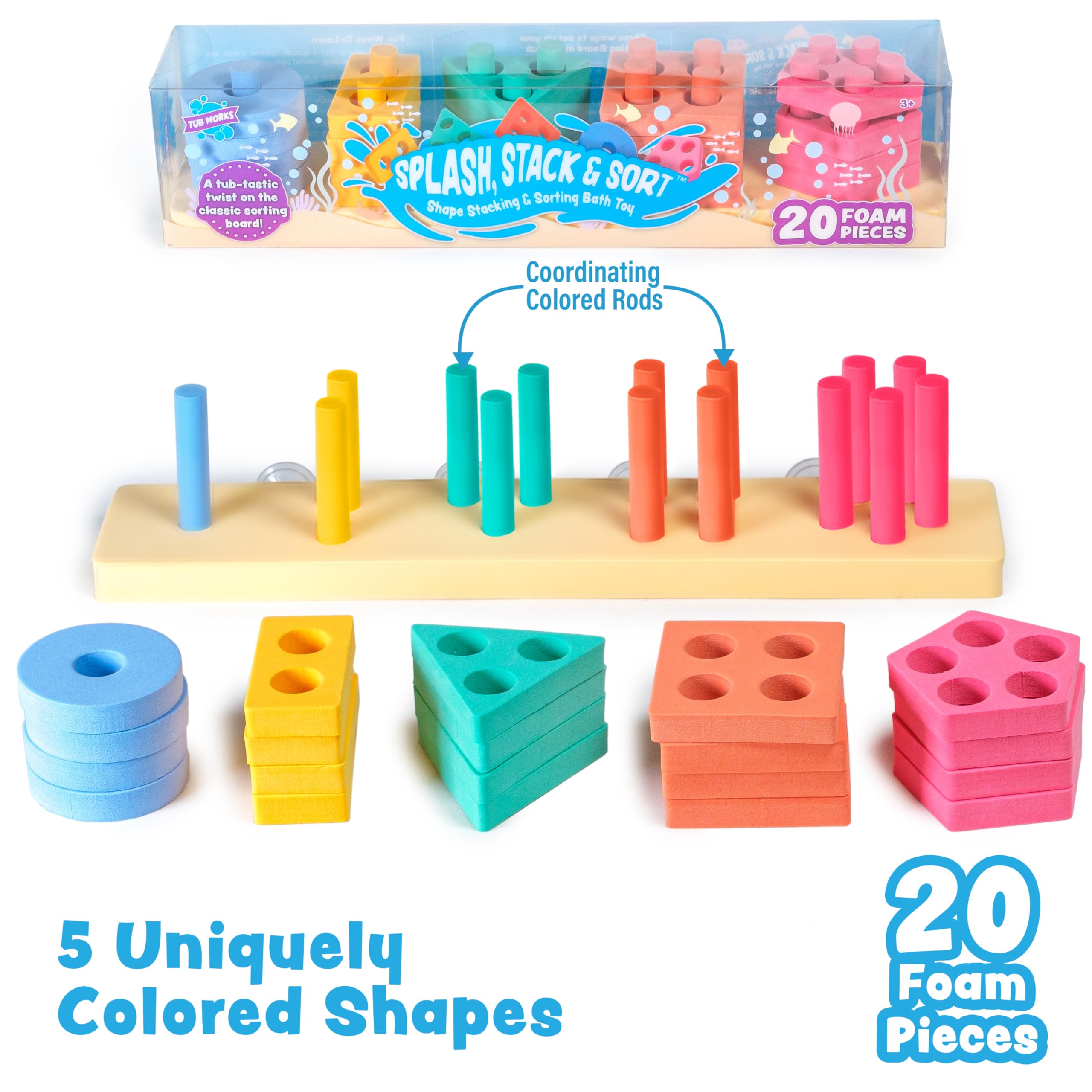Splash, Stack & Sort - Juguete de baño para niños pequeños | 20 piezas de espuma | Clasificación de colores y apilamiento de formas Juguetes de baño para niños | Flotadores y se adhiere a 5
