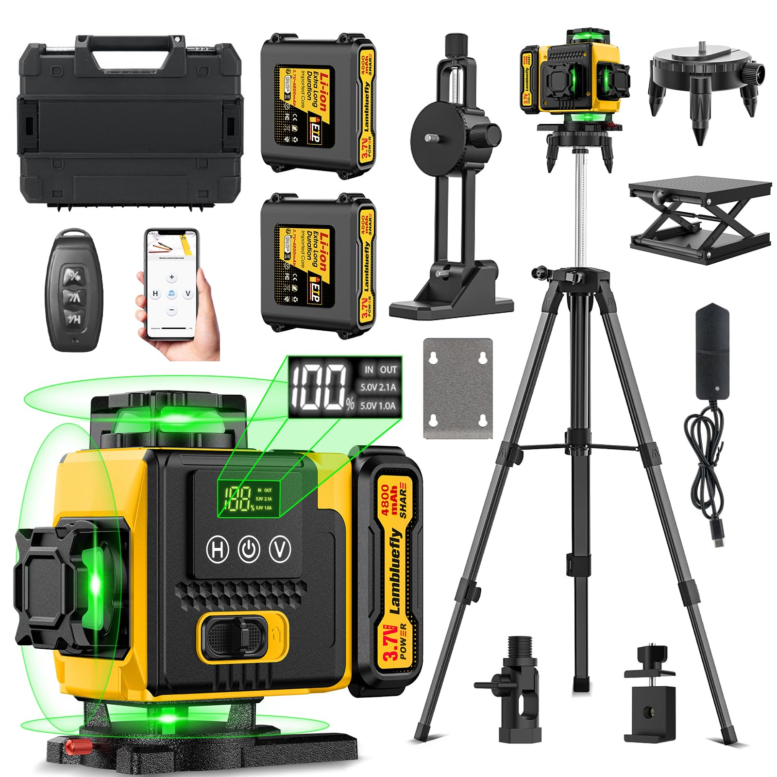 Livella Laser con Treppiede,Livella Laser Autolivellante 360 con 2x4800mAh Batterie, 4X 360 °Livello Laser con Indicatore LED,16 Linee Laser Verde/APP/Telecomando/IP54 Impermeabile