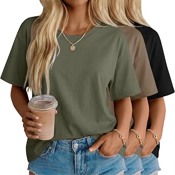 3 Pack Oversized T Shirts for Women Cotton Half Sleeve Shirt Crew Neck Elbow Length Loose Fit Tops Casual Summer Tee