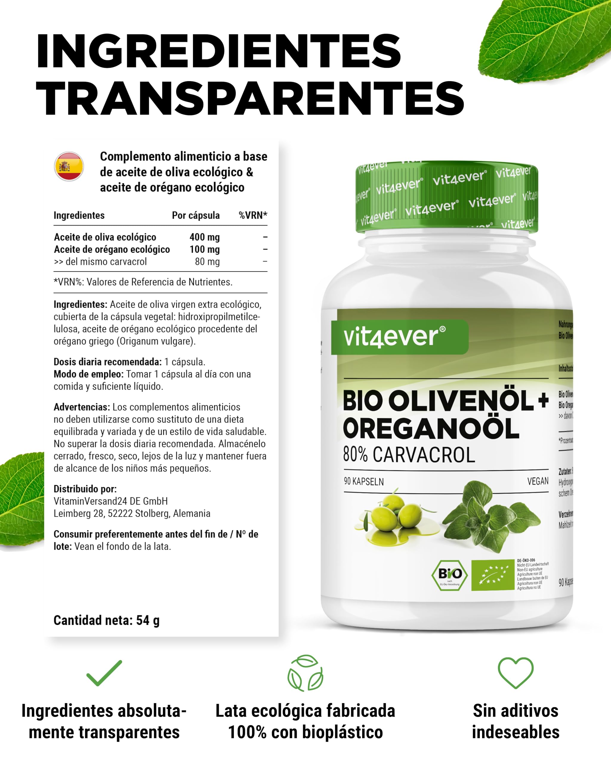 Aceite de orégano ecológico y carvacrol 80 mg - 90 cápsulas con aceite de oliva virgen de cultivo controlado - Orégano griego alta dosis - Vegano