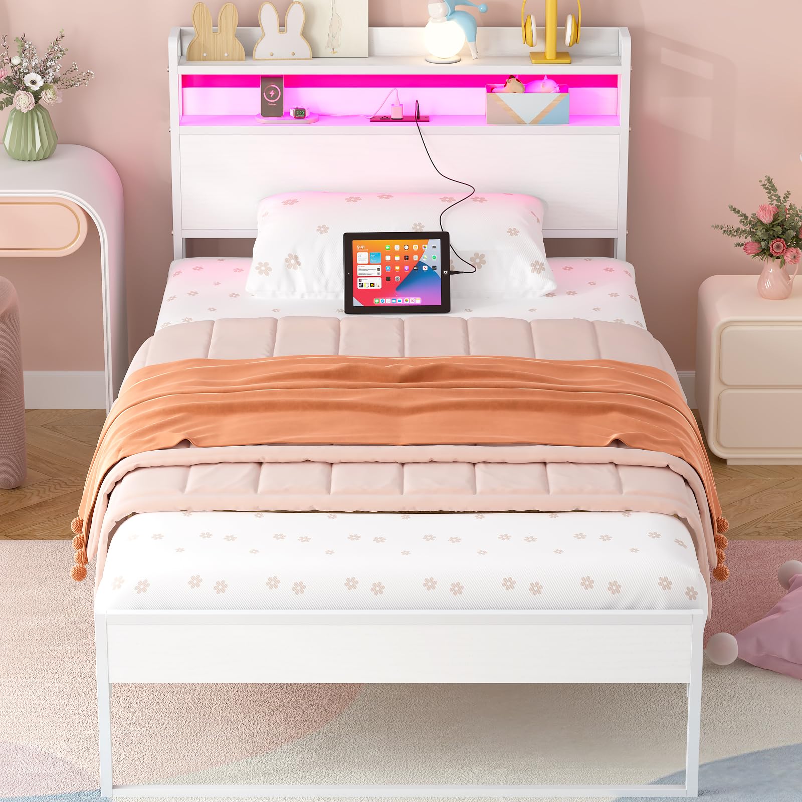 incomplete Elephance Twin Bed Frames with Charging Station and LED Lights, Metal Bed Frame with 2-Tier Storage Headboard, No Box Spring Needed, Noise Free, Easy Assembly