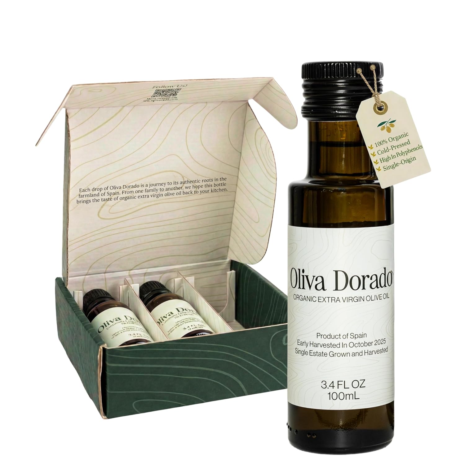 Oliva Dorado Glass Mini Olive Oil Bottles (100mL, 3-Pack), 100% Unrefined & Cold Pressed Organic Extra Virgin Olive Oil from Spain, Single Origin, Early Harvest, Polyphenol Rich Arbequina Olives, EVOO Gourmet Gift Set (3-Pack)