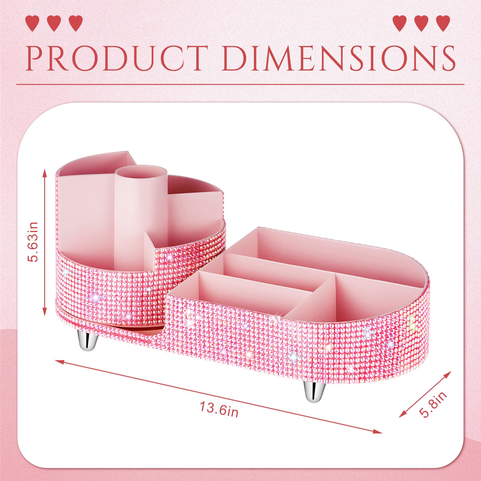 Resholder Teen Girls Women Gift Bling Makeup Organizer Large Girly Makeup Organizer 360 Rotating Rhinestone Diamond Skin Care Brush Holder for Countertop Bathroom, Teen Girls Essentials (Pink)