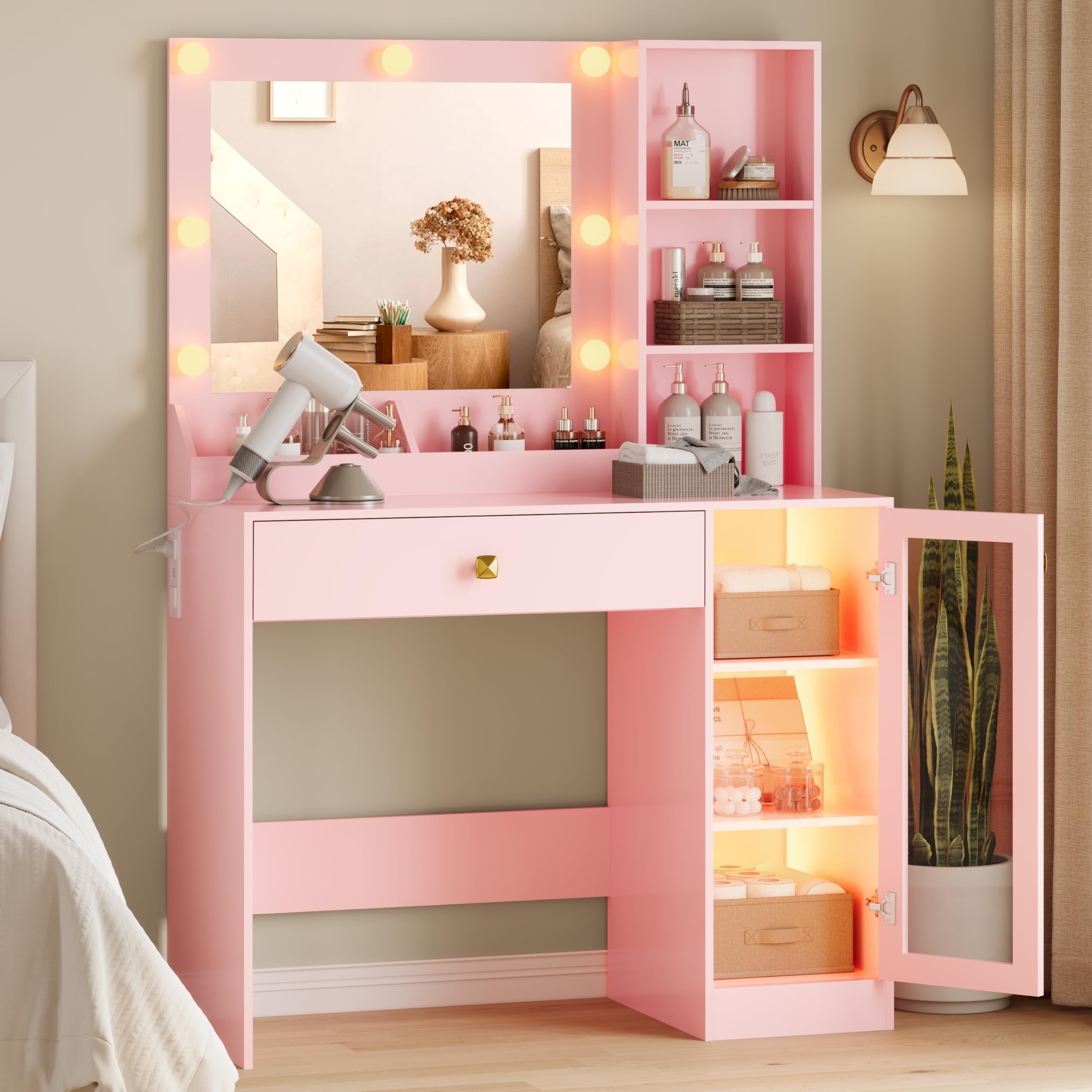 Vanity Desk with Mirror and Lights, Small Makeup Vanity Table with RGB Storage Cabinet & Power Strips & Shelves, 3 Lighting Modes & Adjustable