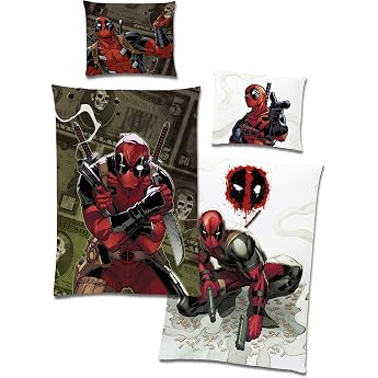 BERONAGE Deadpool Reversible Bed Linen White Green 135 x 200 cm + 80 x 80 cm 100% Cotton Renforc  Linen Quality with YKK Zip Anti-Hero Mask Marvel Comic Childrens Bed Linen German Size