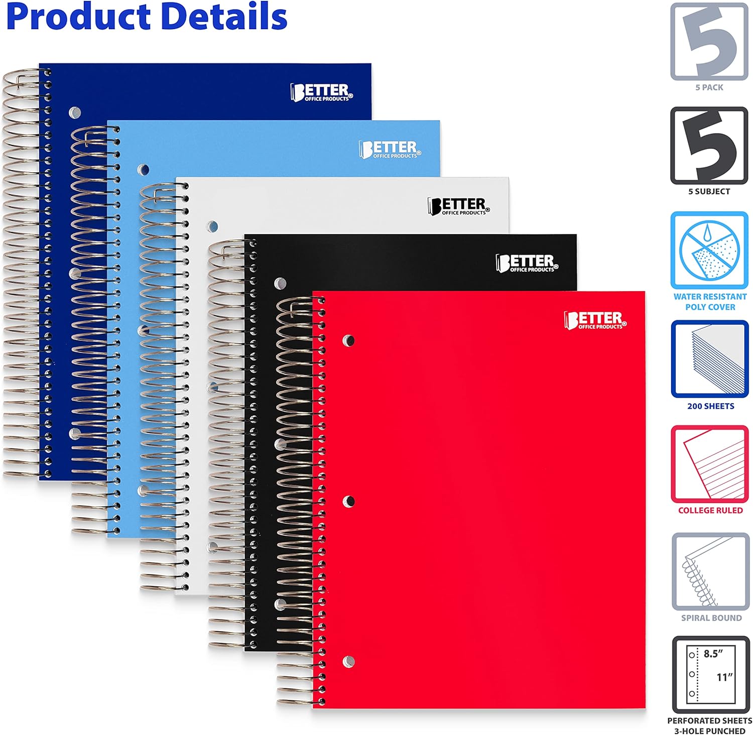 Better Office Products 5-Subject Spiral Notebook, 5 Pack, Assorted Color Poly Covers, College Rule, 200 Sheet Notebook with 4 Two-Sided Pocket Dividers, 11 x 8.5 inches