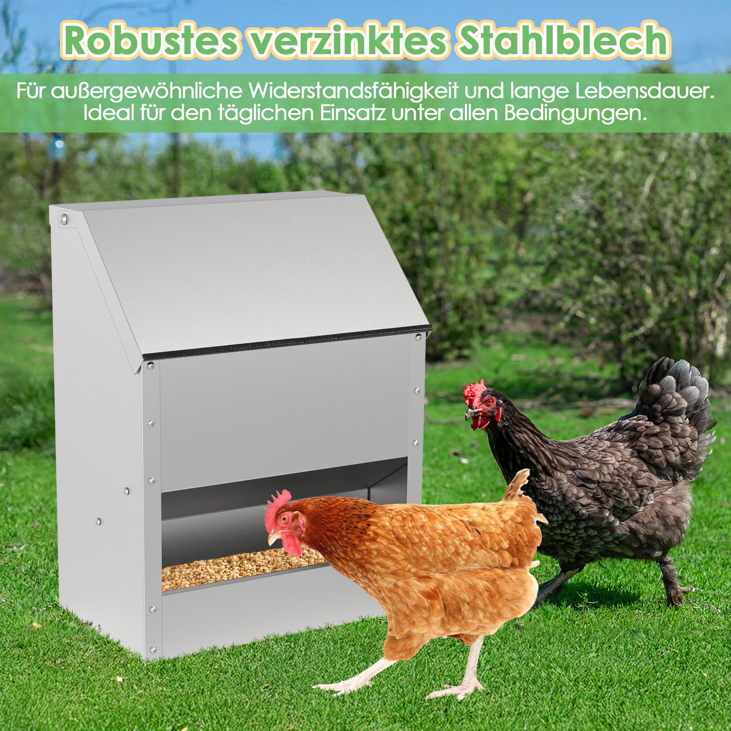 Automatyczny karmnik dla kur, 11,5 kg, duży dozownik karmy dla drobiu, ocynkowanej stali z pokrywką, uchwyt ścienny, akcesoria, dozownik karmy dla drobiu, kaczek