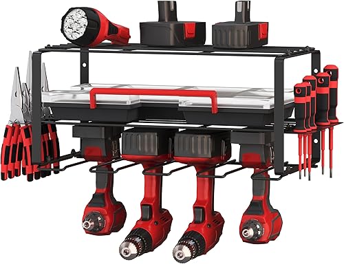 Stalwart Organizador de herramientas eléctricas, estantería de garaje de 3 niveles con capacidad máxima de 110 libras, sistema de almacenamiento de