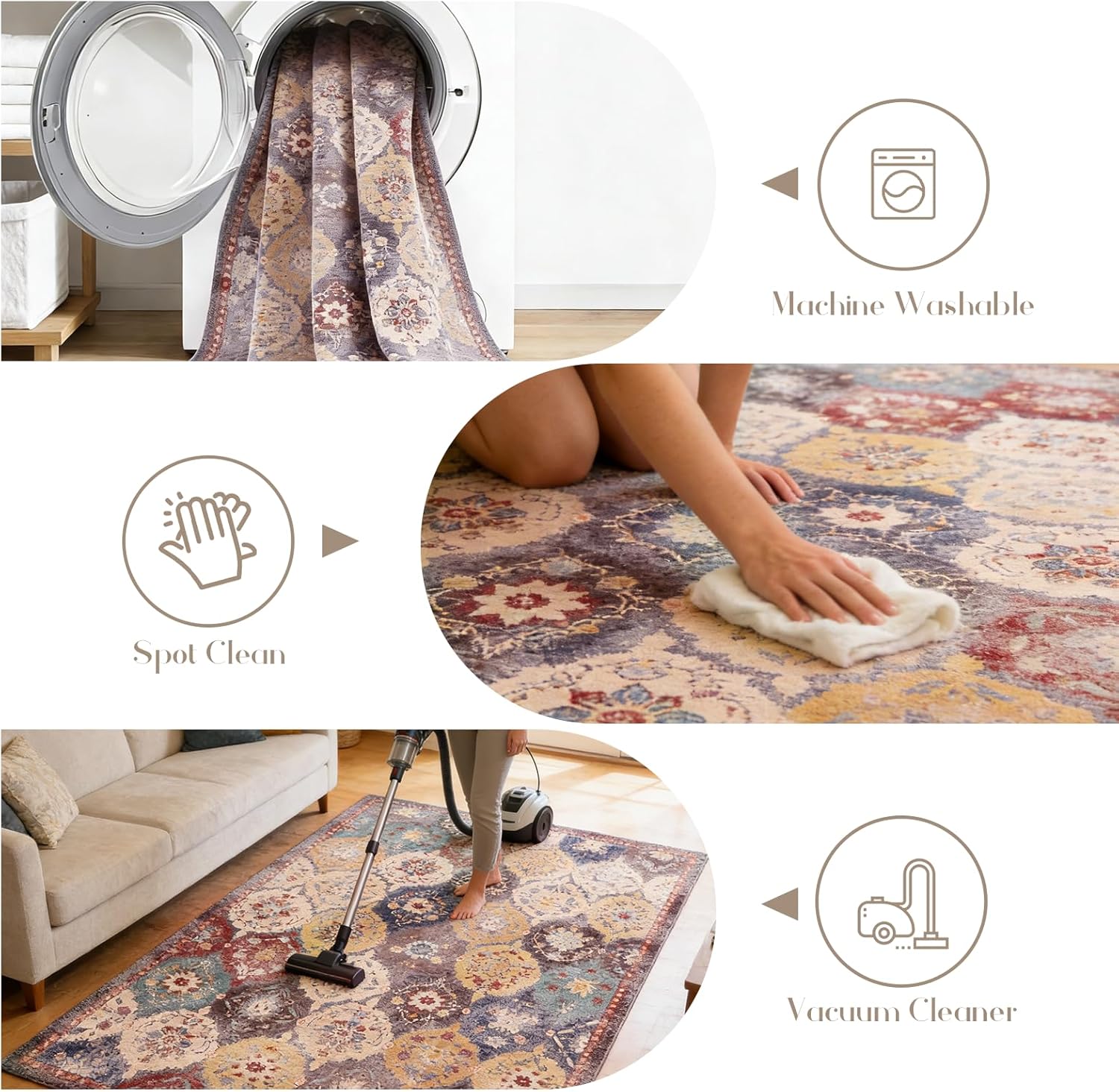 6x9 Large Washable Area Rug for Livingroom - Non-Slip Durable Carpet in Vintage Retro Design Rugs for Bedroom & Dining Room, Stain Resistant Easy Clean & Kid/Pet Friendly (Multi/Yellow)