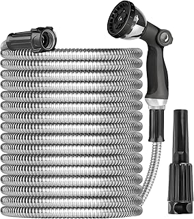 Metal Garden Hose Water Hose 100ft Heavy Duty Stainless Steel Water Pipe with Sprayer & Nozzle Flexible Lightweight Hose No Kink Pet Proof Hose for Yard, Outdoors, Rv