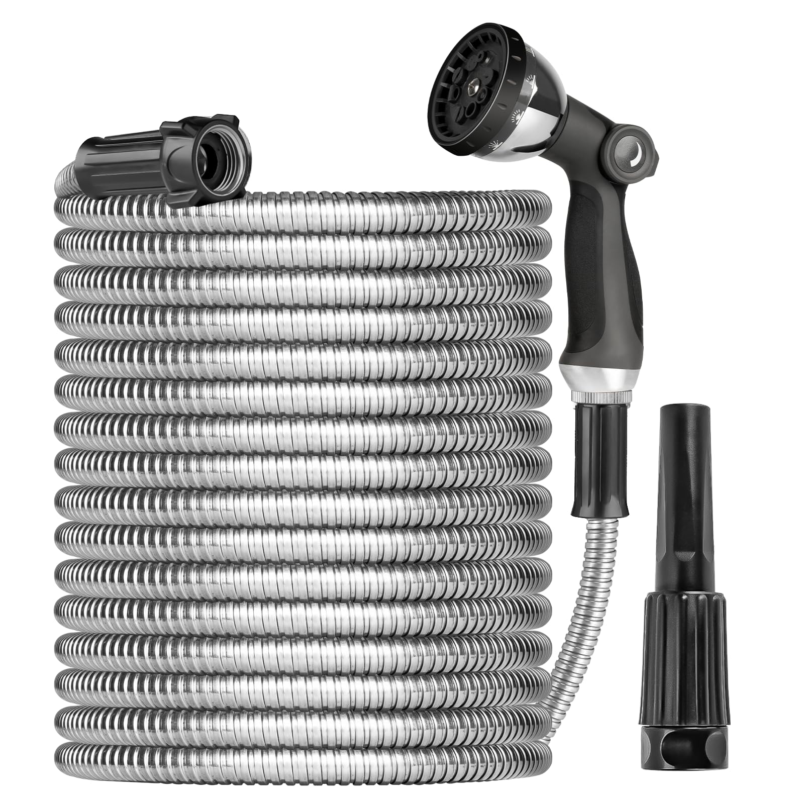 Ainpota Metal Garden Hose Water Hose 100ft Heavy Duty Stainless Steel Water Pipe with Sprayer & Nozzle Flexible Lightweight Hose No Kink Pet Proof Hose for Yard, Outdoors, Rv