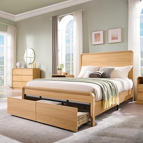 Aitjunz Modern Queen Size Bed Frame with 50" Tall Headboard, Wood Queen Size Platform Bed Frame w/3 Storage Drawers, Curved Profile Design, Wood & Steel Platform Bed, No Box Spring Needed, Natural Oak