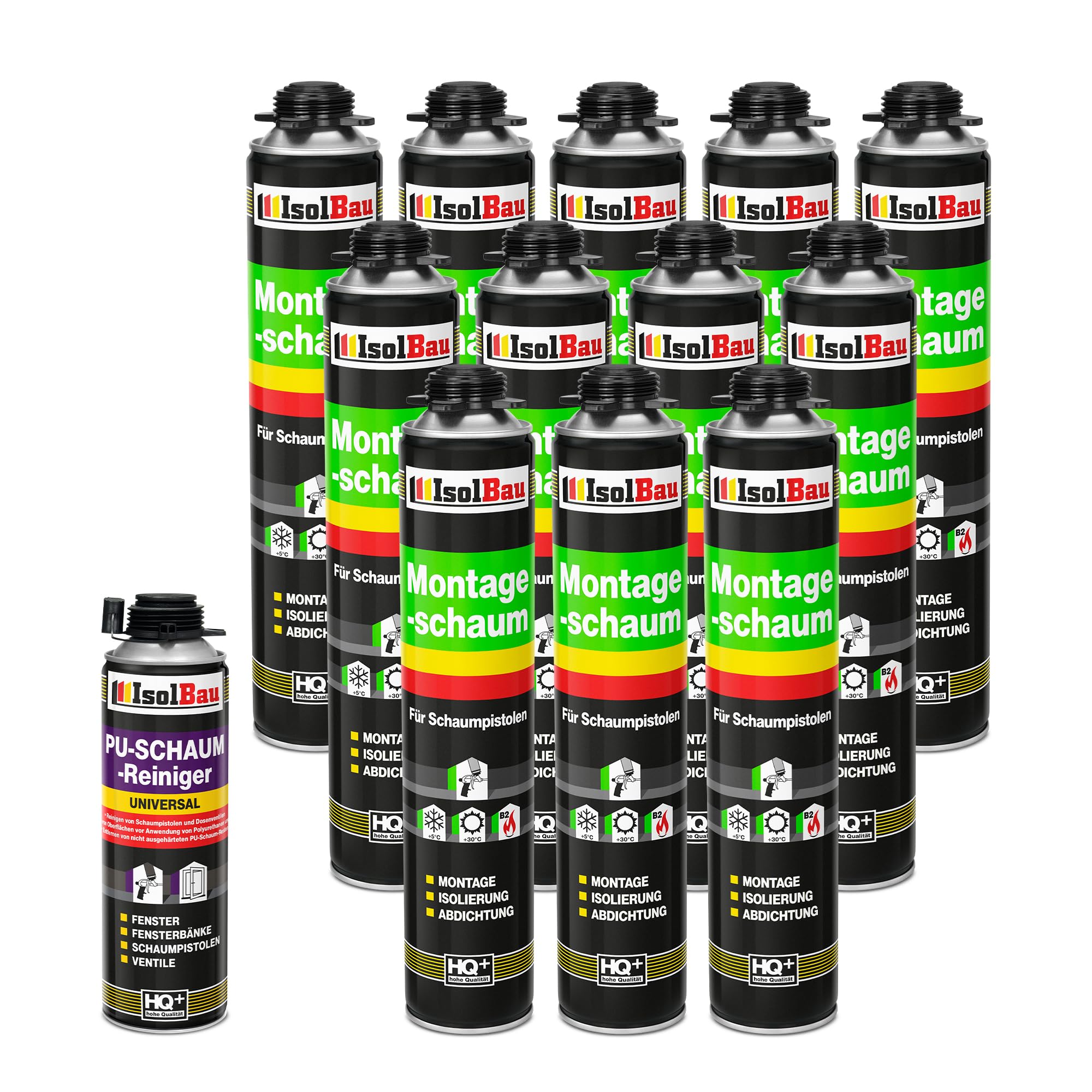 Isolbau Bauschaum-Set - Inkl. 12 x 1K Montageschaum B2 Pistolenschaum mit hervorragender Schall und Wärmedämmung (je 750 ml) & 1 x PU-Schaum-Reiniger (500 ml), Verfüllen
