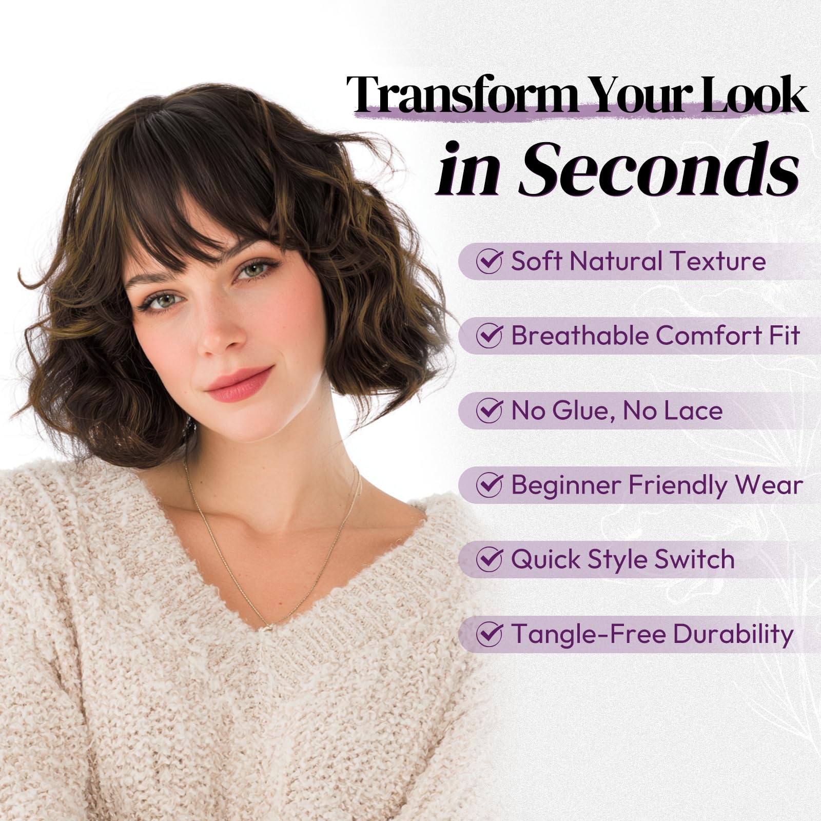 BARSDAR Short Wavy Wig with Bangs, Short Black Brown Mix Auburn Highlights Bob Wigs for Women - Image 4