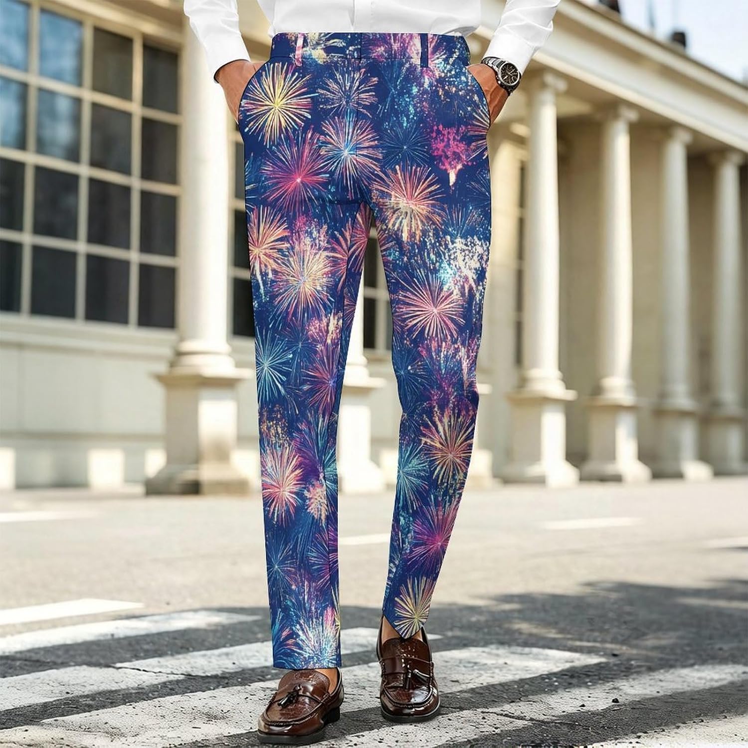 Vintage Fireworks Pattern Men's Classic Fit Suit Pants Straight Leg Design Printed Trousers
