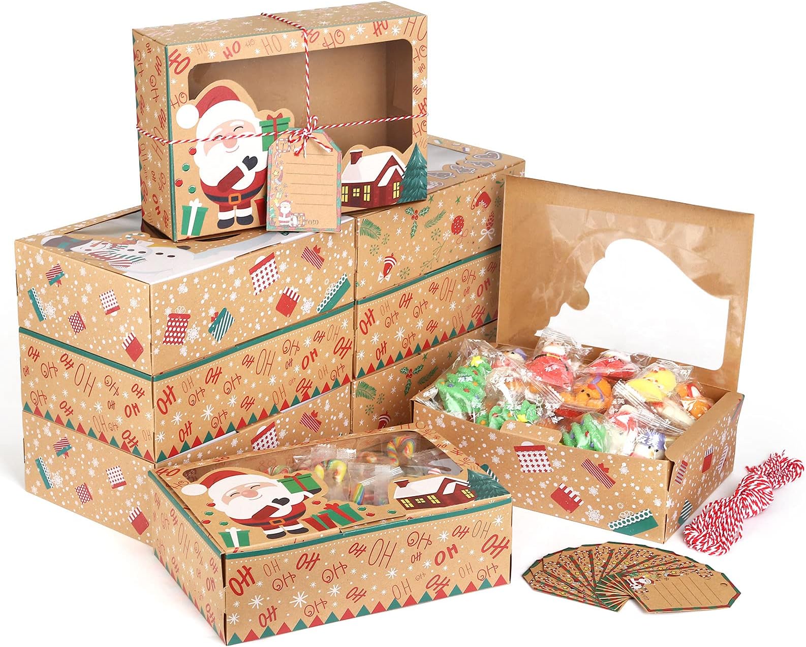 LEMESO 12 Pack Christmas Cookie Boxes with Window & 12 Pcs Gift Tags, Christmas Kraft Bakery Boxes, Cute Snowman/Santa Claus/Ginger Man Boxes, Great for Storing Cookies & Candy on Christmas Party