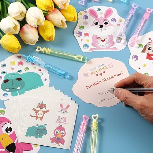 Miniatura 2 de Cartas de San Valentín para niños  32 mini varitas de burbujas + 32 cartas de San Valentín para niños, 8 lindos diseños de animales, para la