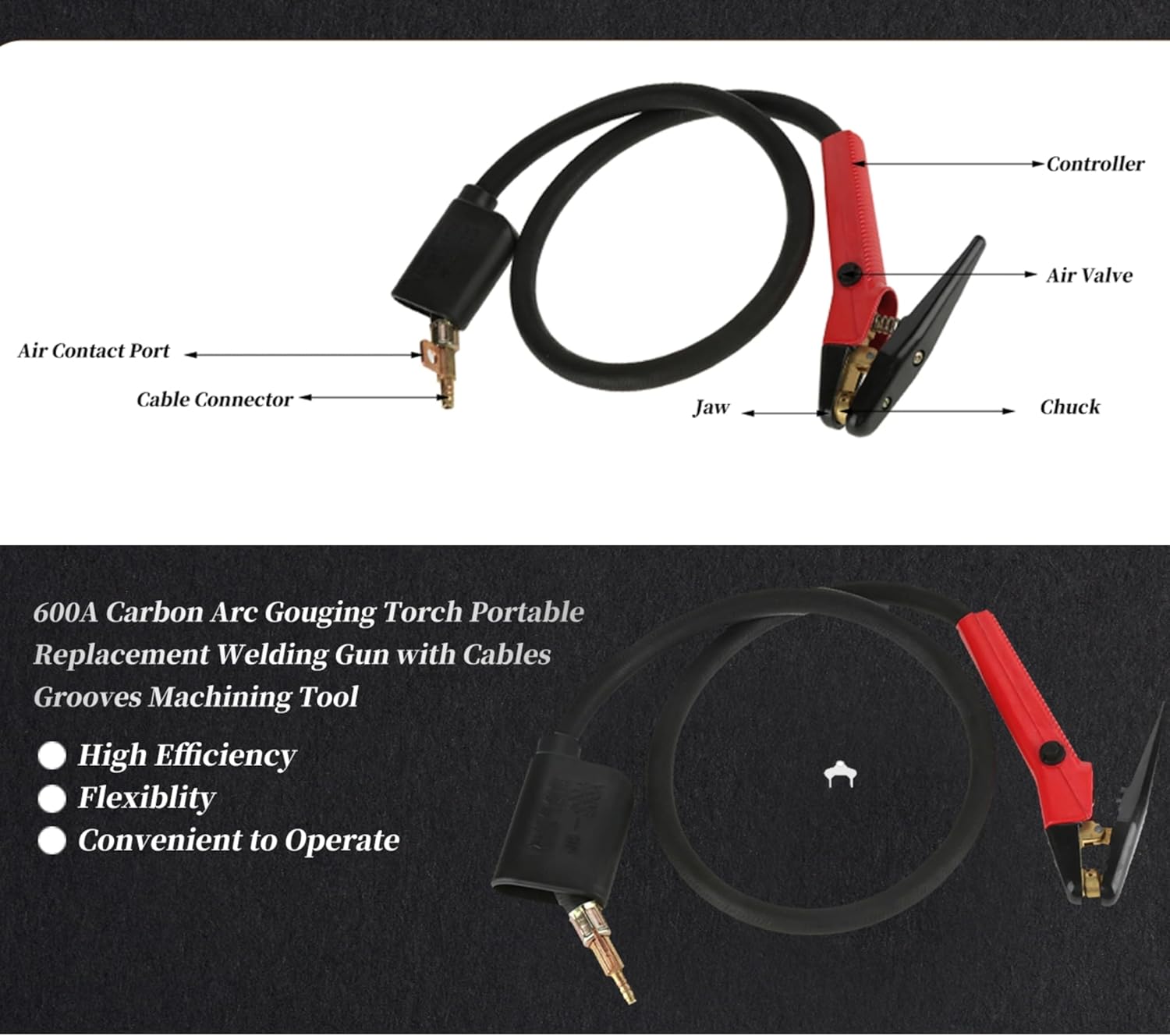 600A Carbon Arc Gouging Torch Portable Replacement Welding Gun with Cables Machining Tool Maximum 150 Degrees Celsius