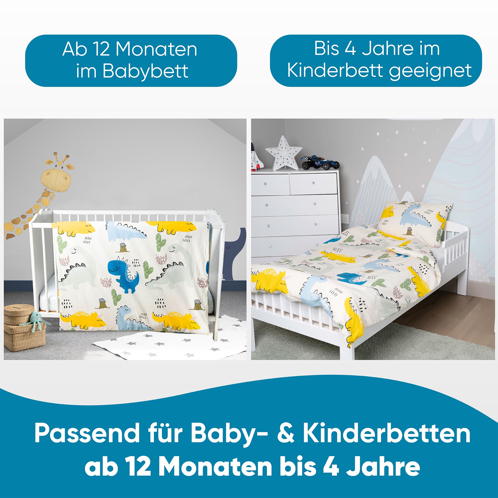 Kinderbettwäsche 100x135 aus 100% Baumwolle mit Dinos - Kinder Bettwäsche und Baby Bettwäsche Set Junge Kleinkinder - bei 60 Grad waschbar - (Dinosaurier 100 x 135 und 40 x 60)
