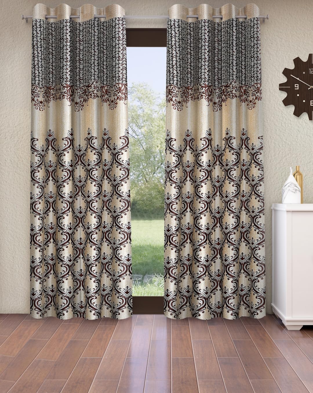 Home Sizzler 2 Pieces Regal Damask Grommet Polyester Door Curtain - 7 Feet, Dark Brown-image-15