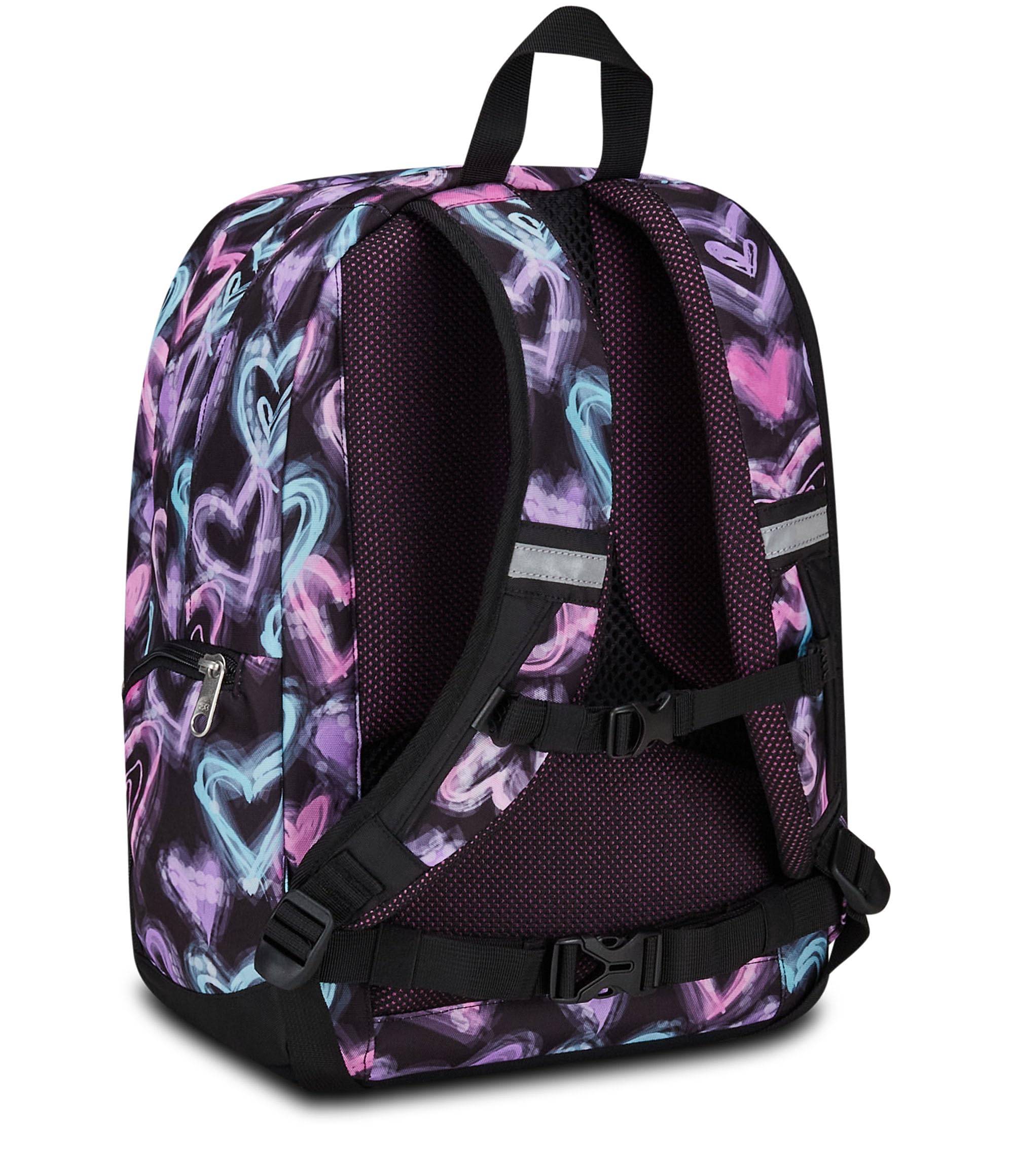 Seven Ergonomischer Schulranzen, Tornister für Schule Sport Freizeit, Schulrucksack für Kinder Mädchen und Jungen, mit Trinkflaschenfach, gepolstert, nachhaltig, schwarz mit Herzen