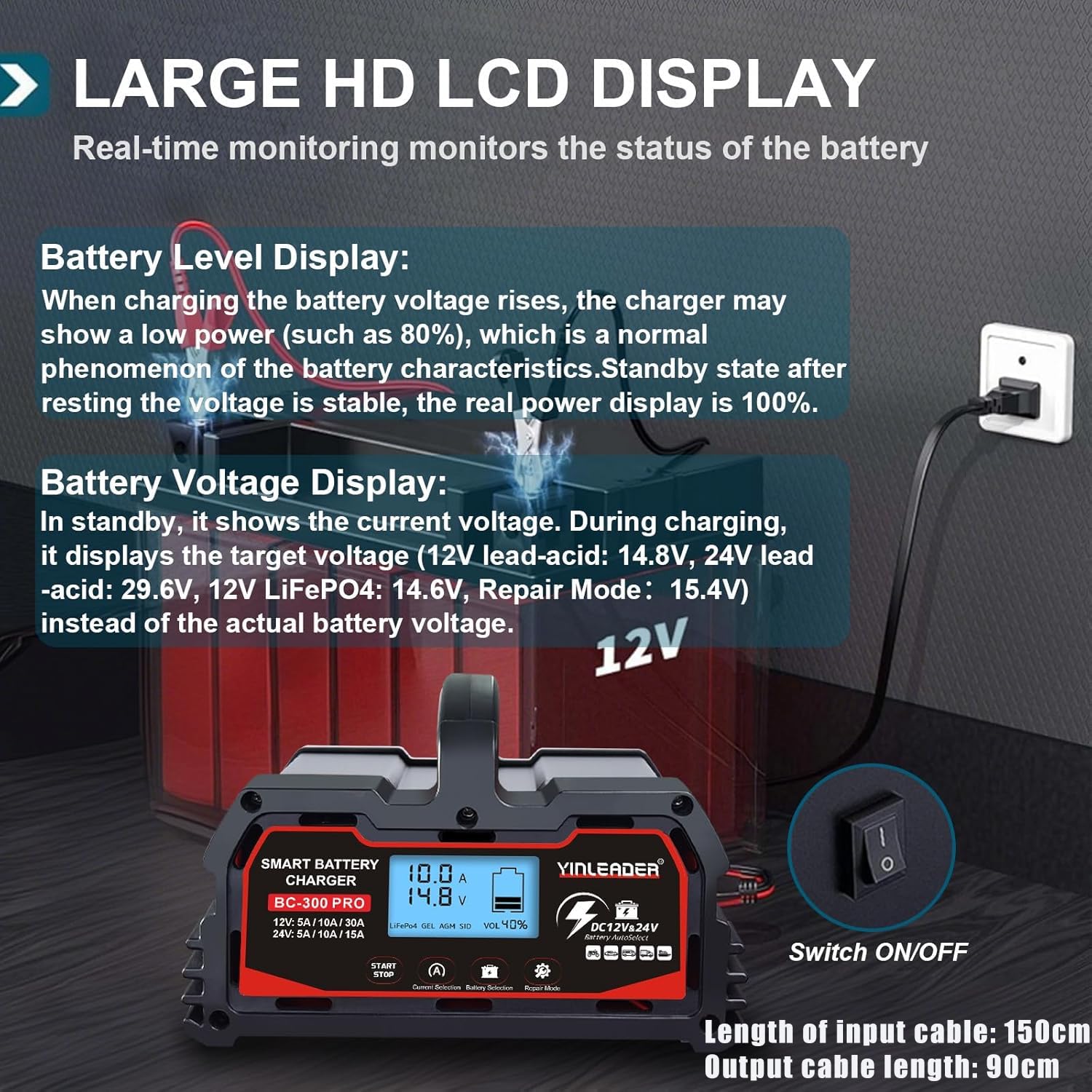Cargador de batería inteligente 30 A, 12 V/24 V de plomo-ácido, cargador de batería de coche LiFePO4 12 V, sostenedor automático de batería para coche, motocicleta, cortacésped, barco
