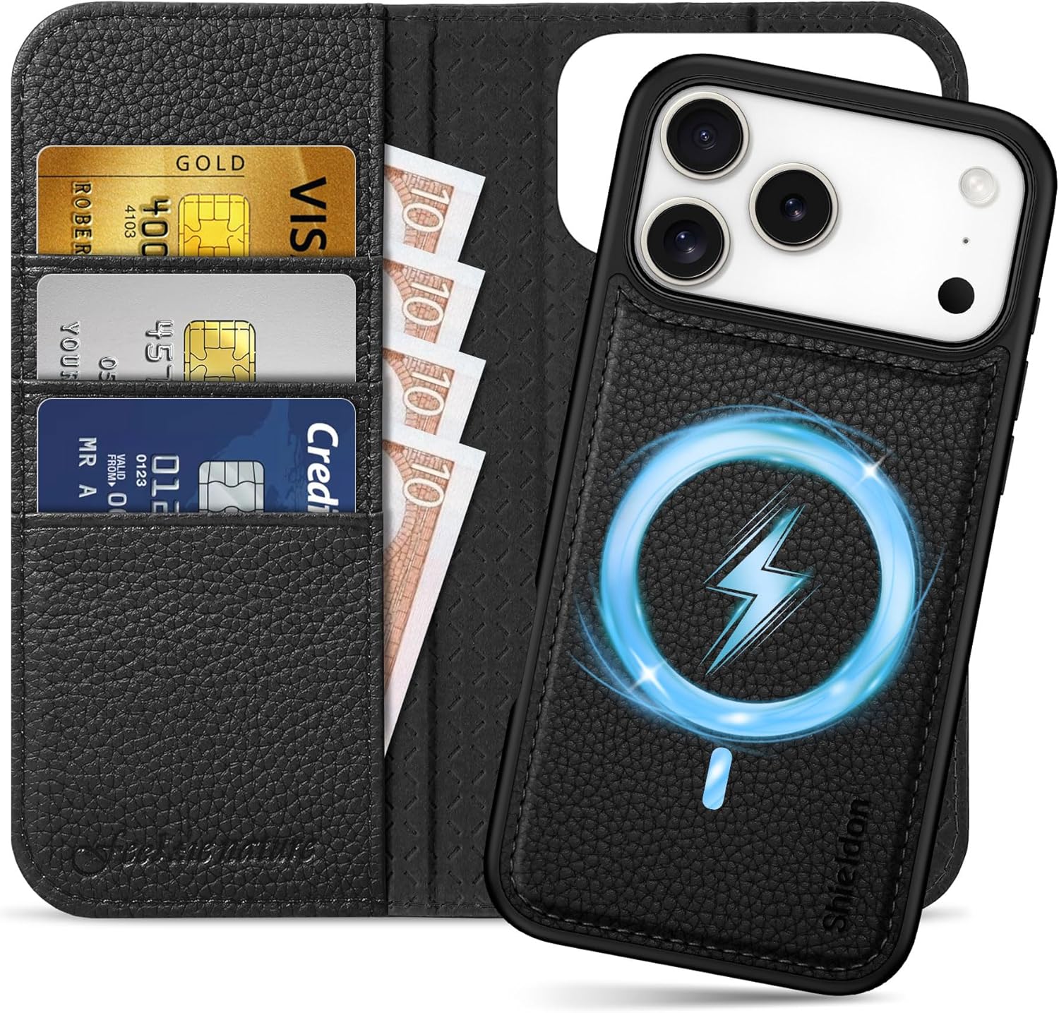 shieldon real leather removable wallet case for iphone 17 pro max 6.9" 2025 | 2 in 1, wireless charging, kickstand, rfid blocking card holder, magnetic protective cover - pebbled black for iphone 17 pro max pebbled black