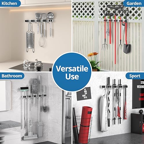 Miniatura 4 de Paquete de 2 soportes para escobas de montaje en pared, para fregona y escoba, organizador de herramientas de almacenamiento de acero inoxidable