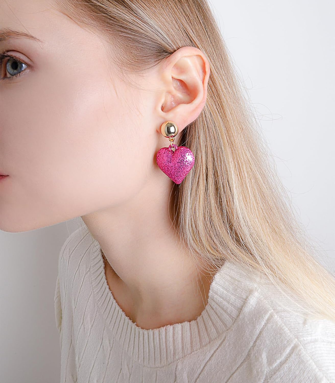 OZEL Heart Earrings Dangling, Valentine Earrings for Women, Pink Heart Accessories, Lightweight Glitter Statement Jewelry Gifts - Image 3