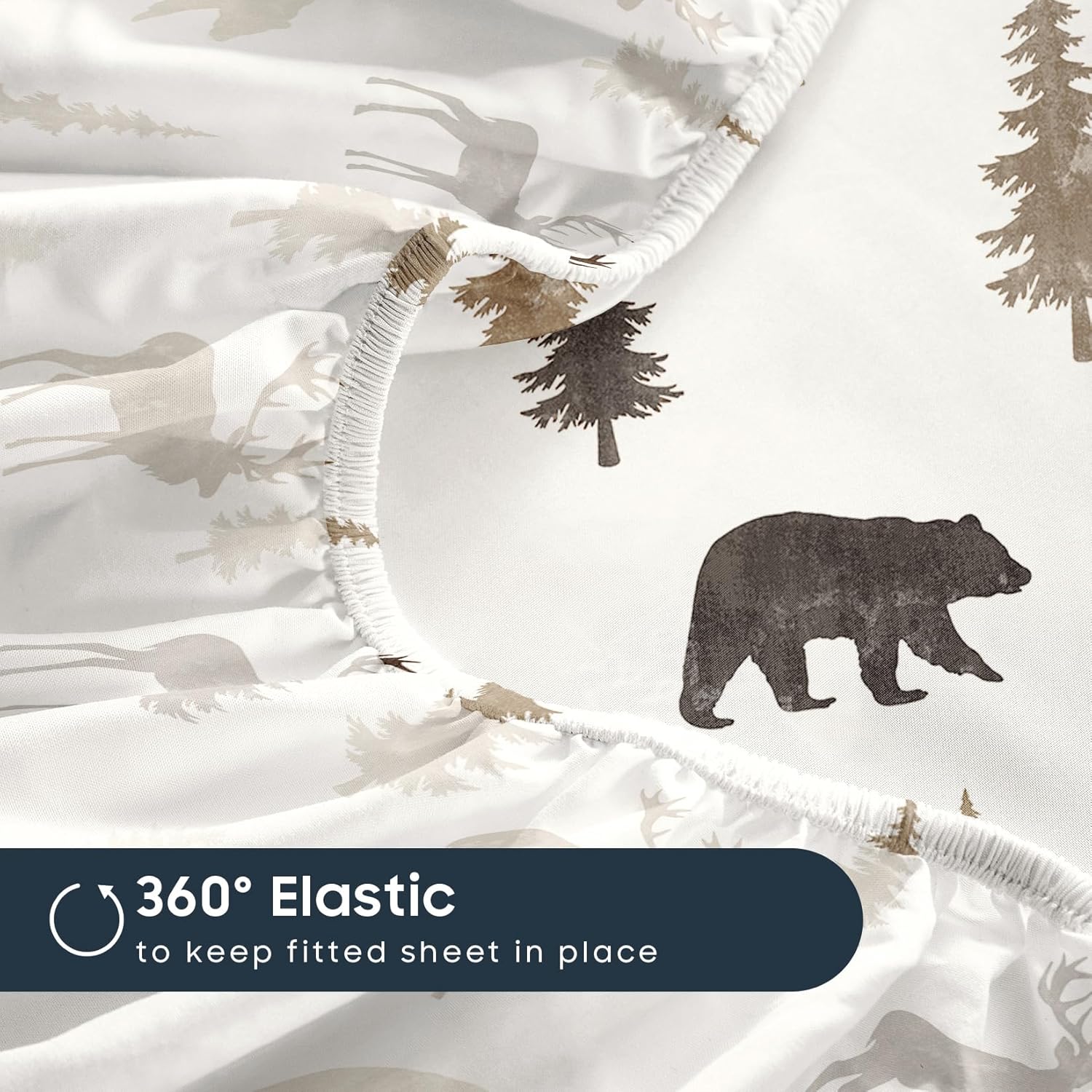 Wake In Cloud - Cabin Bed Sheets, 4-Piece Sheet Set, Rustic Lodge Western Country Bear Deer Wildlife Forest Theme Bedding, Deep Pocket, Brown White, Queen Size