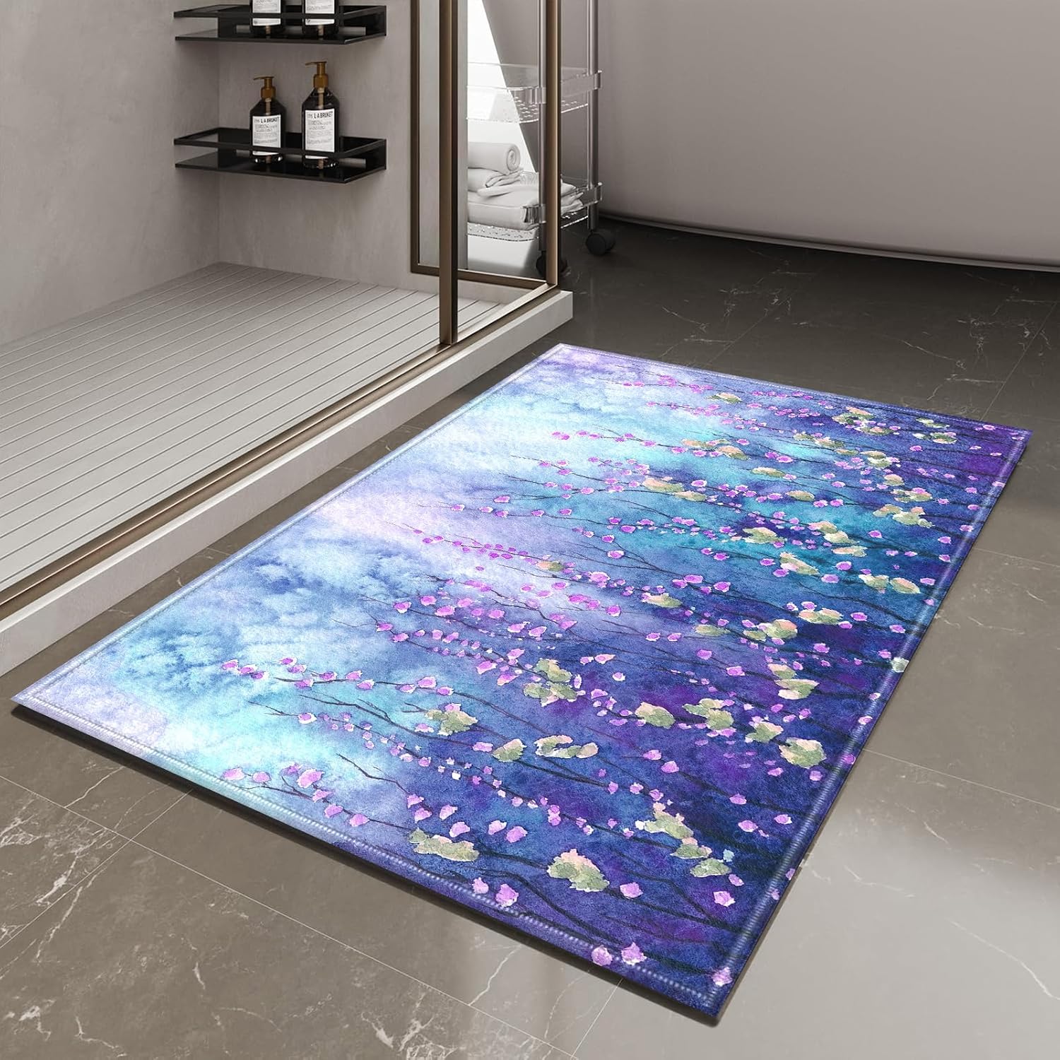 Purple Florals Bath Mat,Watercolor Bathroom Rug,Shower Mats for Bathtub Shower Room Sinks,Non-Slip Floor Mats Soft Doormats for Home Decor 17x30 Inch