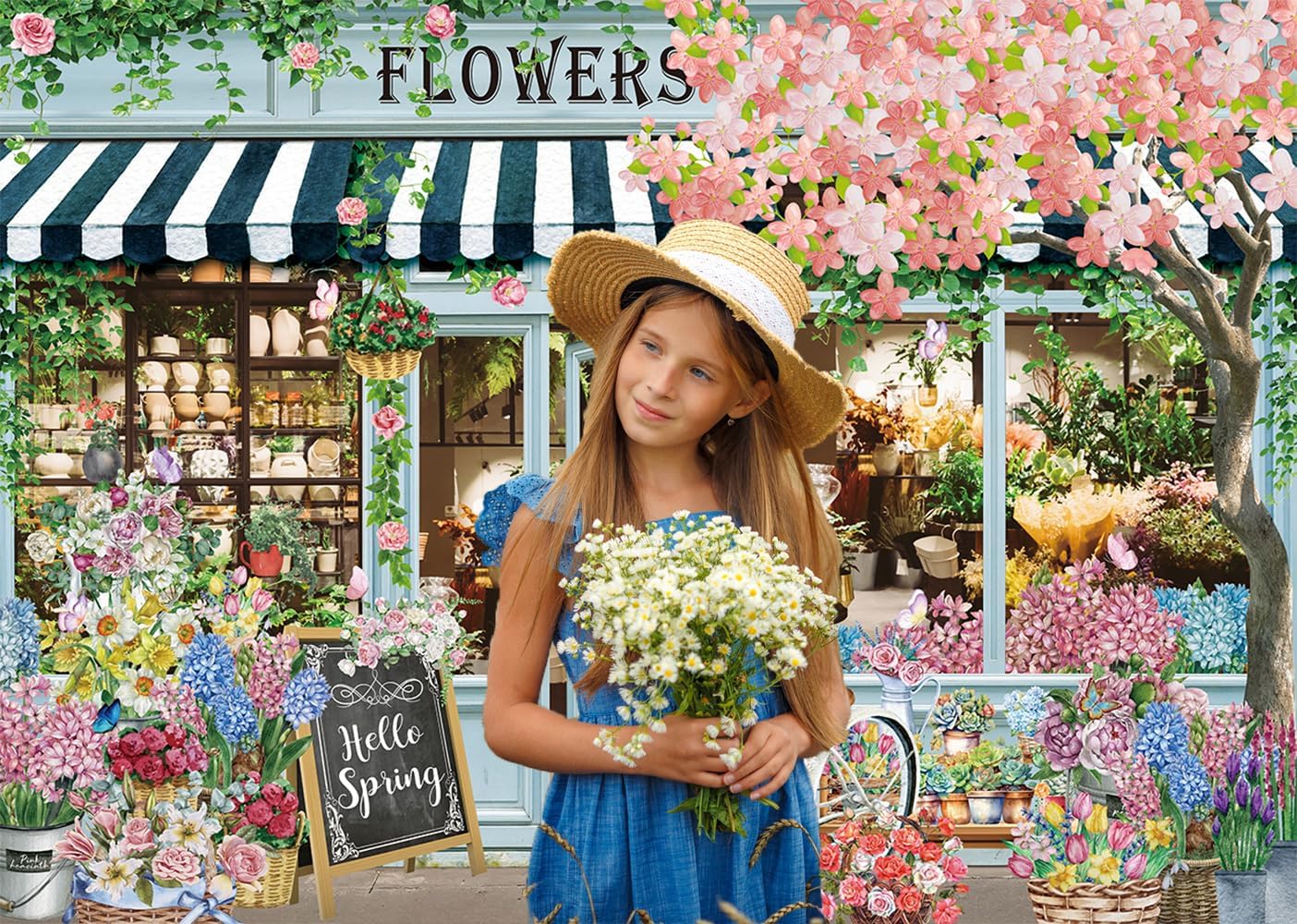 Flowers Shop Backdrop for Photography 10x8FT Spring Florals Butterfly Tea Party Background Hello Spring Banner Decorations Supplies Photo Props