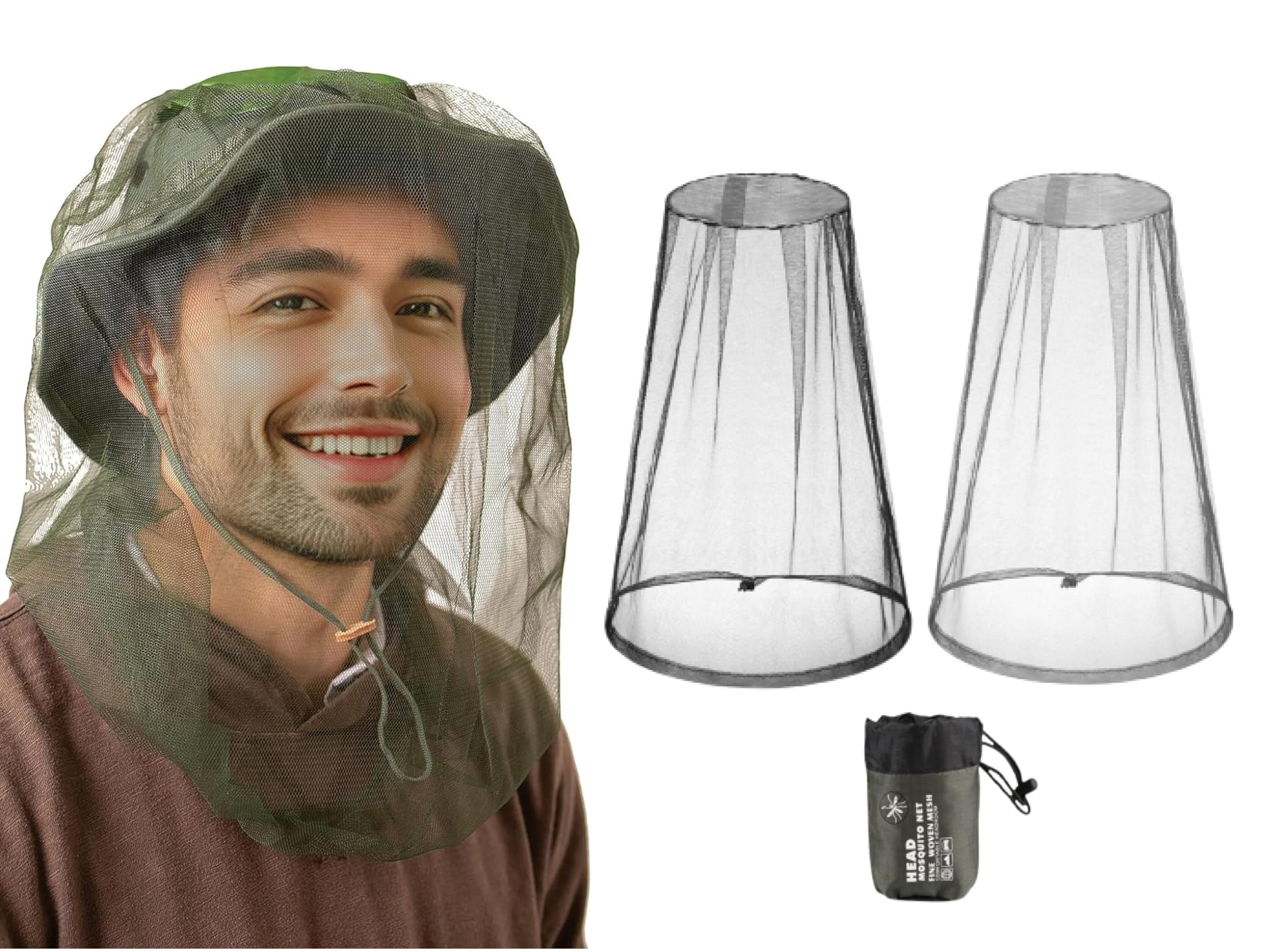 Premium Mosquito Head Net - Large & Long Length, Extra Fine Holes, Mesh | Premium Insect Netting 2 Pcs (Grey and Black) with Carrying Bag