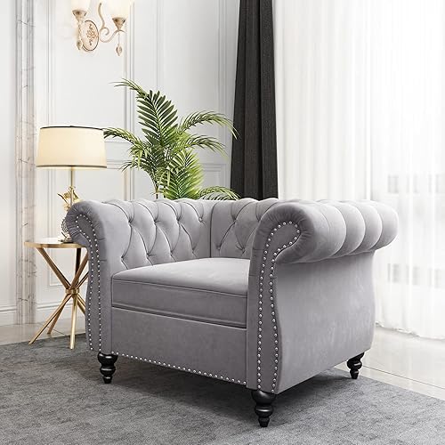 Miniatura 6 de Juego de 2 piezas para sala de estar, sofá loveseat Chesterfield de terciopelo con silla, brazos enrollados y tachuelas para sala de estar, oficina