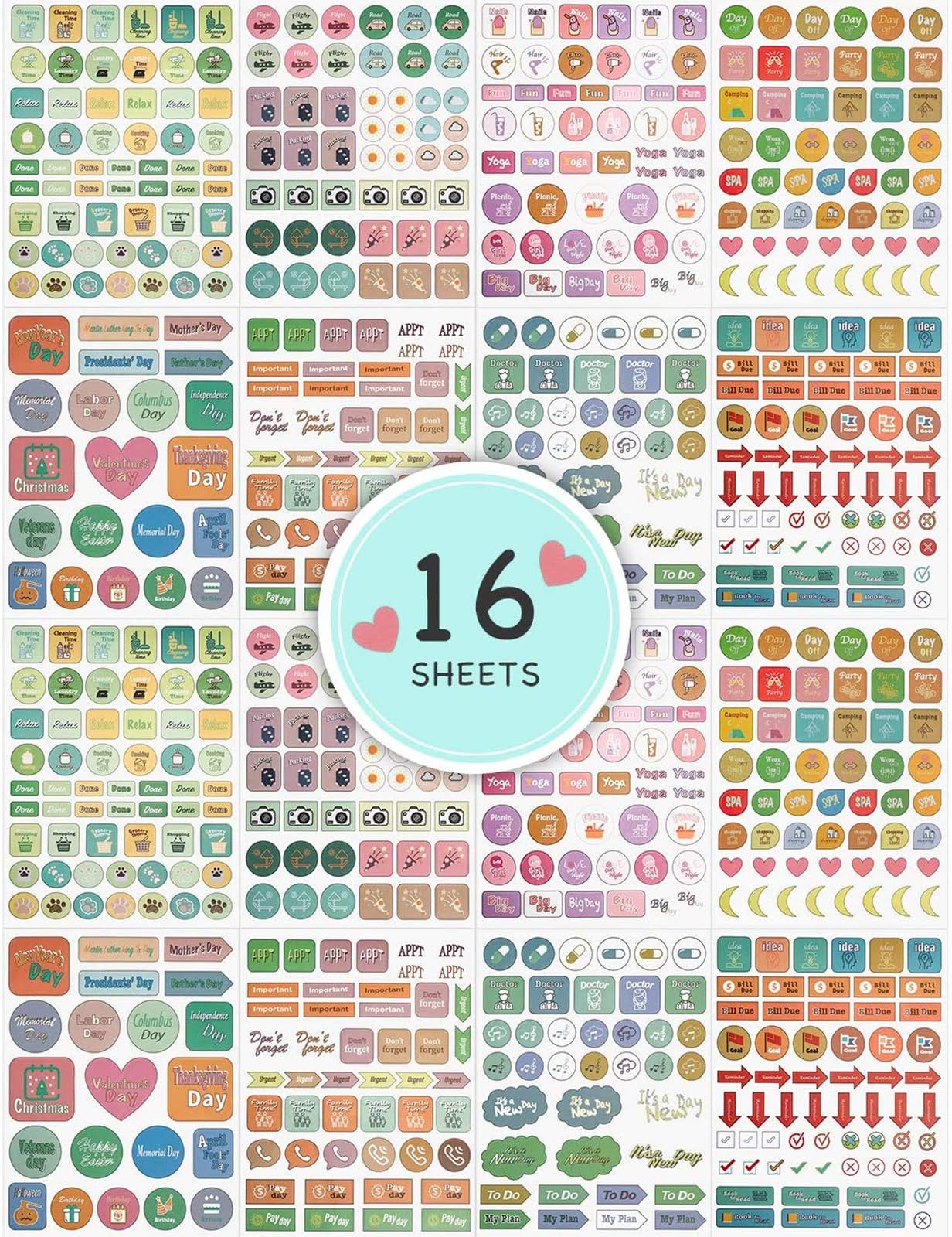 ARCOBIS Planner Stickers for Calendars Journal, Cute Monthly Sticker Value Pack for Women Planner Scrapbook Agendas Work at Home - 16 Sheets