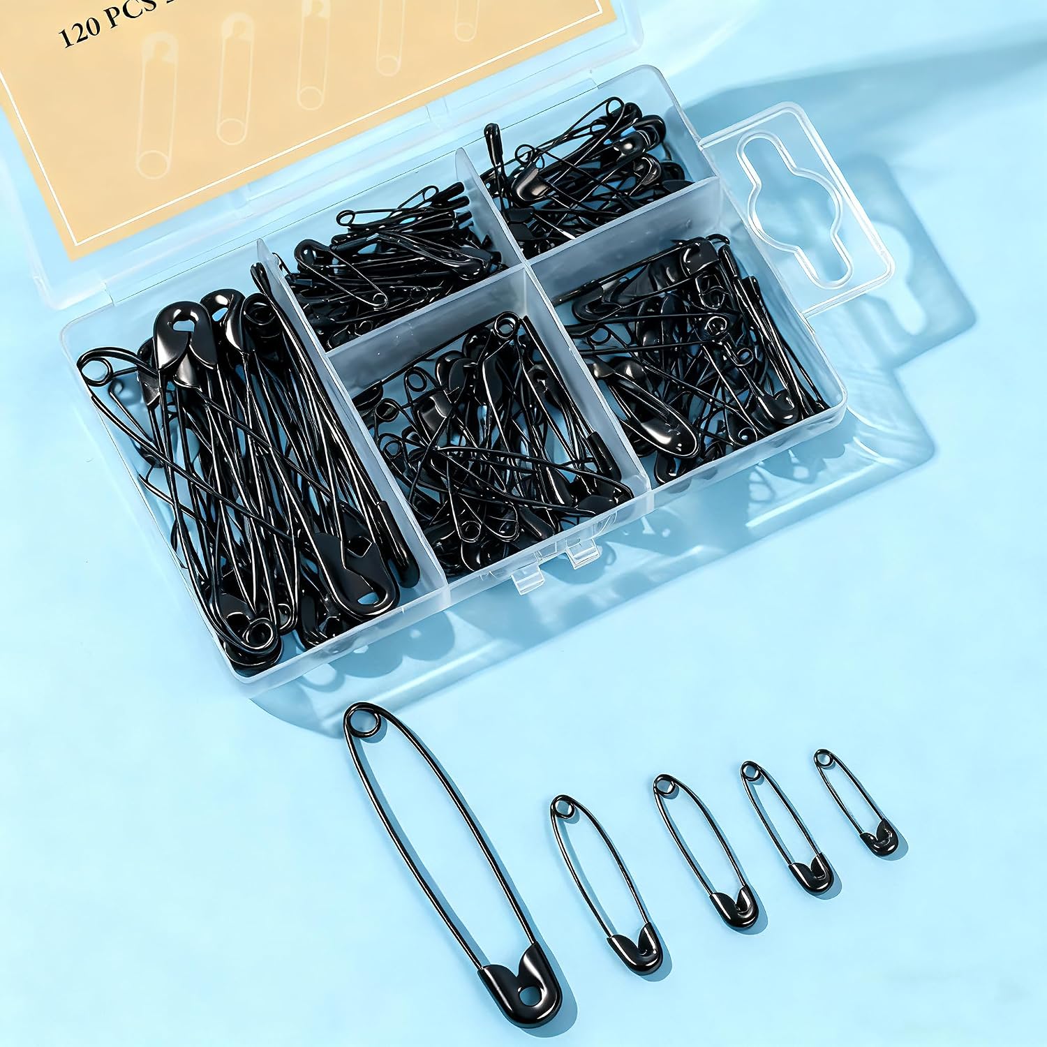 Hudinsun 120 PCS 5 Different Sizes Black Safety Pins Assorted, Small and Large Safety Pins Bulk for Sewing and Clothes