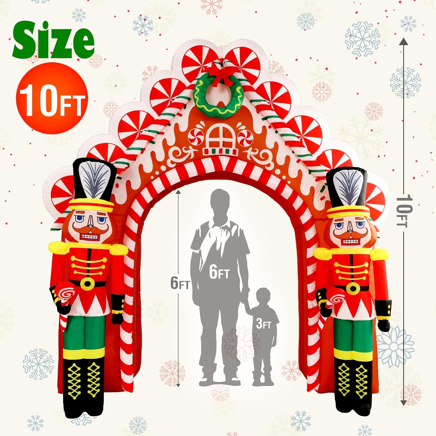 WBHome 10 Ft Christmas Inflatable Gingerbread Candy House with Nutcrackers Outdoor Decorations, Giant Xmas Blow Up Yard Decor with Built-in LED Light for Lawn Home Party Indoor Outdoor