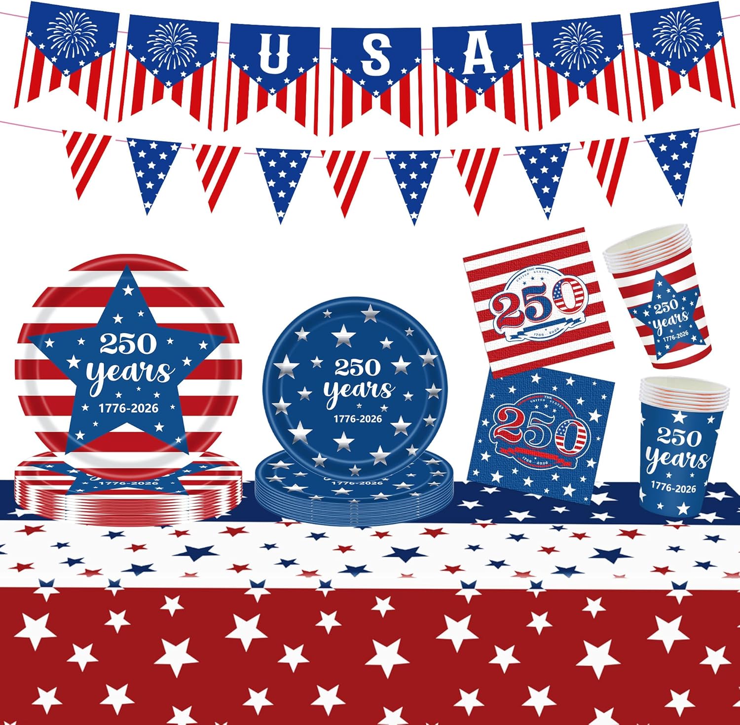 4th of July Party Supplies, American 250th Anniversary Patriotic Party Kit for Independence Day, Memorial Day, Plates, Napkins, Cups, Banner for 4th of July Decorations (American)